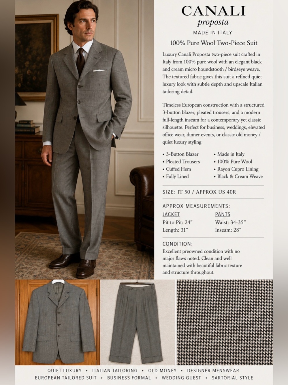 Canali Proposta Italy Wool Suit Black Cream Birdseye Houndstooth 40R IT50